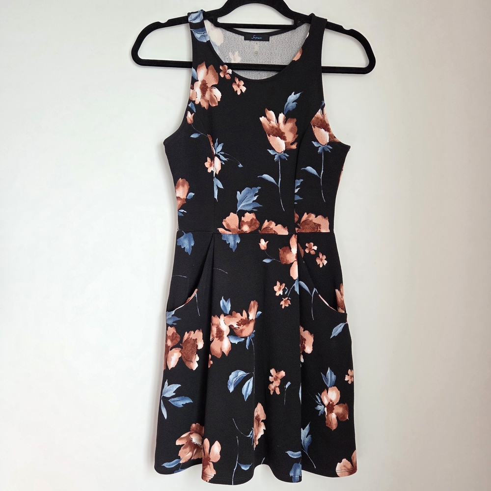 Soprano Black Sleeveless Floral Fit & Flare Skater Midi Dress w/ Pockets Size S